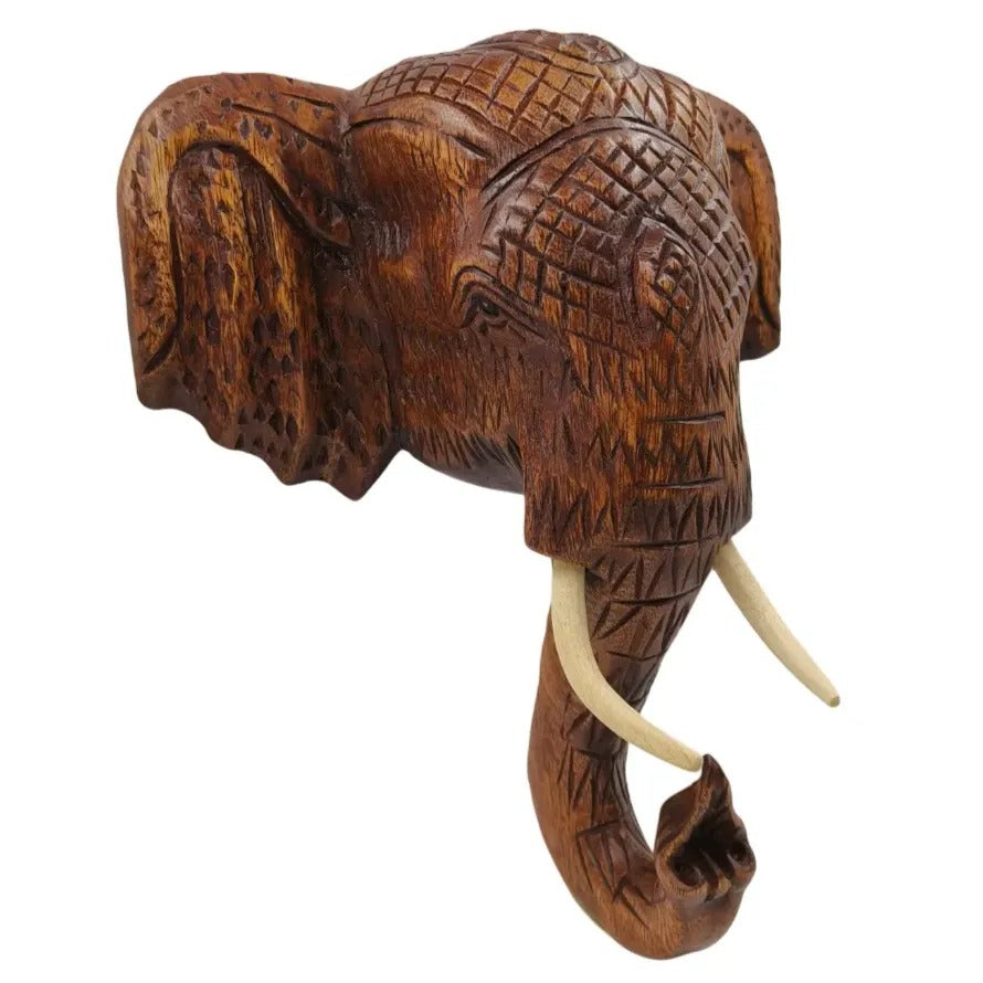Houten olifanten hoofd 40 cm met gravering - wanddecoratie