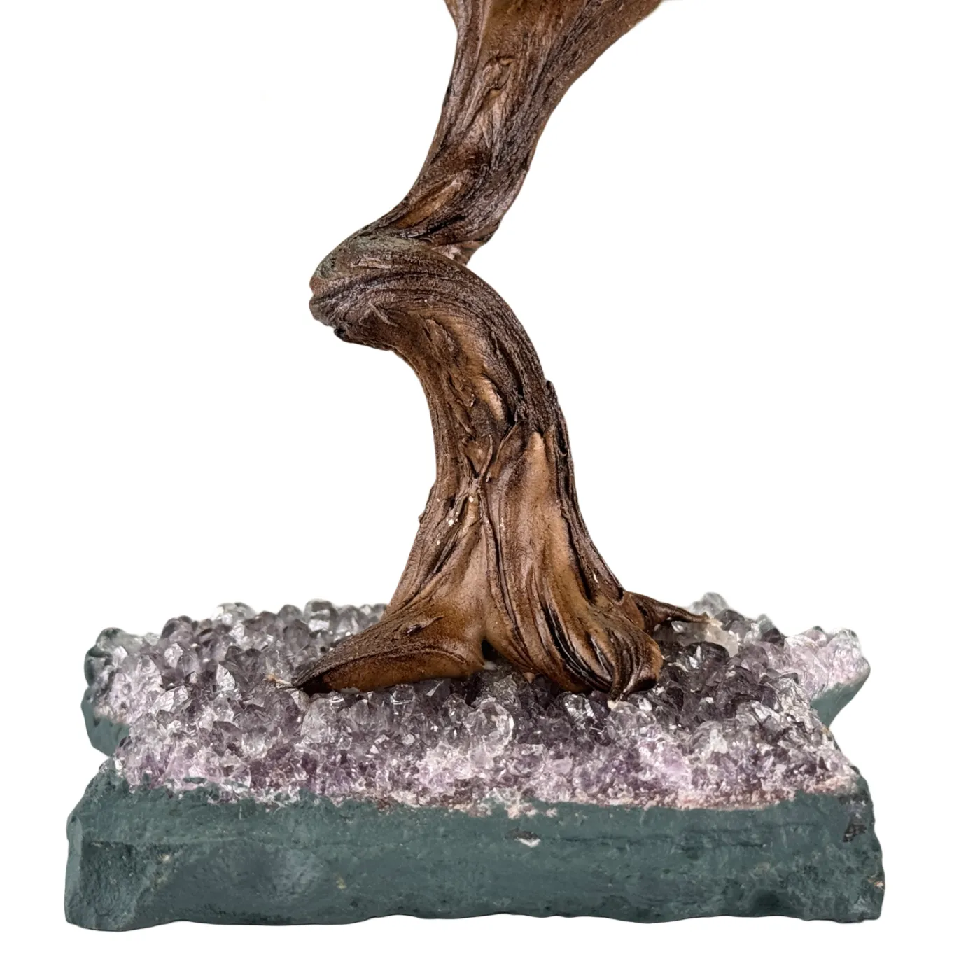 Klein Edelsteenboompje met Bergkristalbladeren op Amethist Cluster