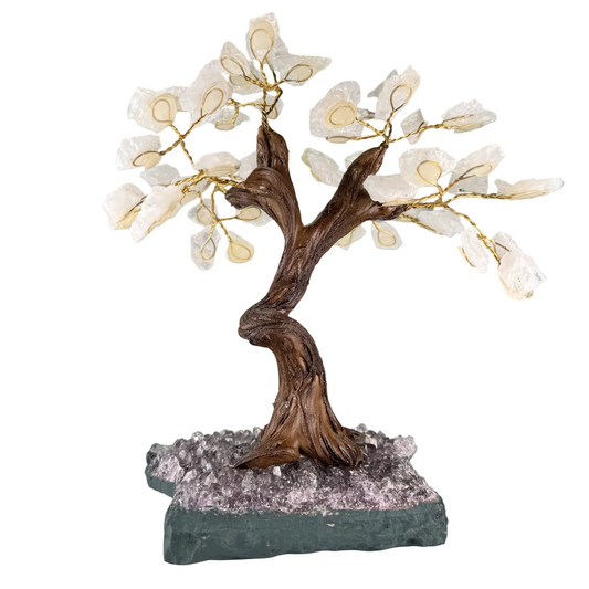 Klein Edelsteenboompje met Bergkristalbladeren op Amethist Cluster