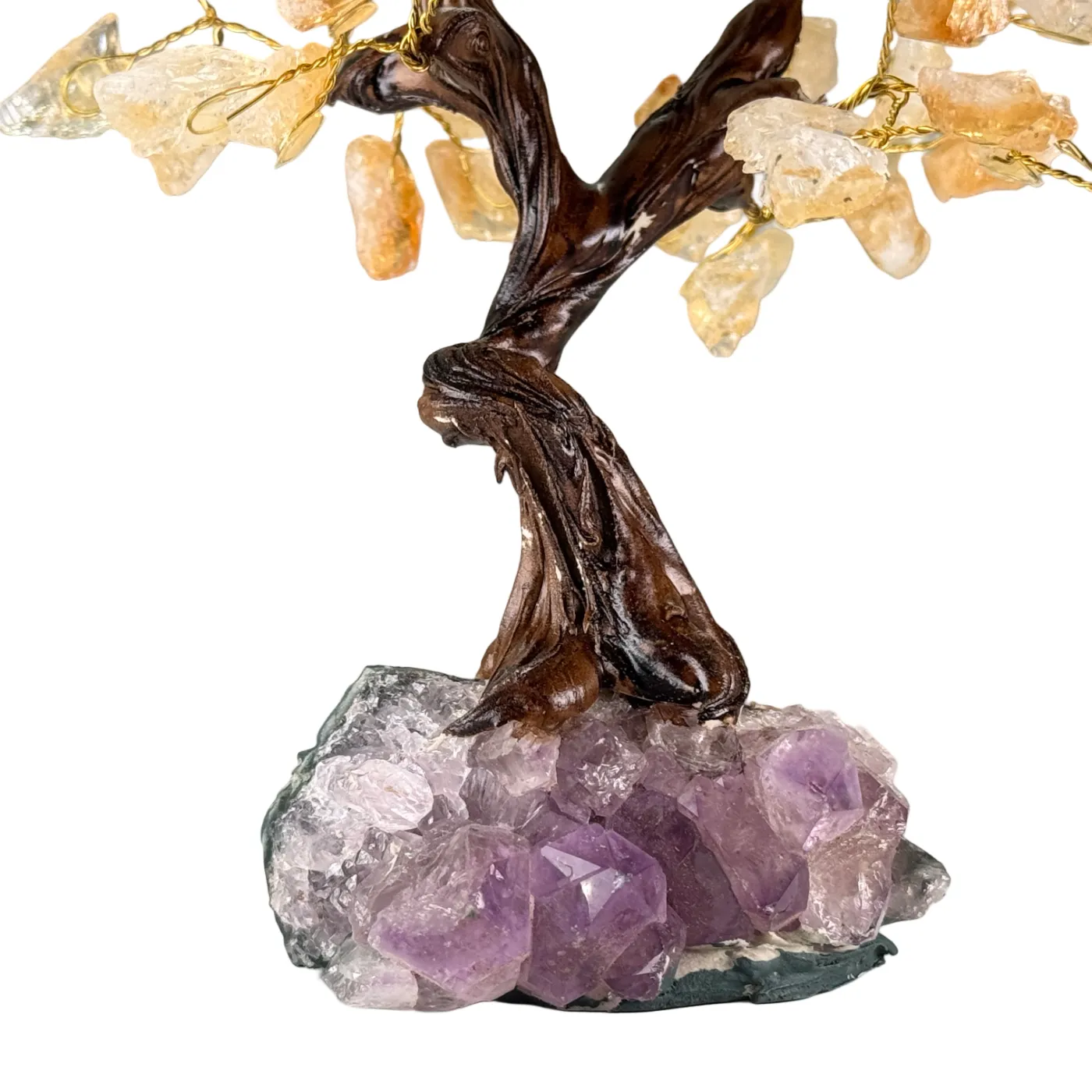 Klein Edelsteenboompje met Citrienbladeren op Amethist Cluster