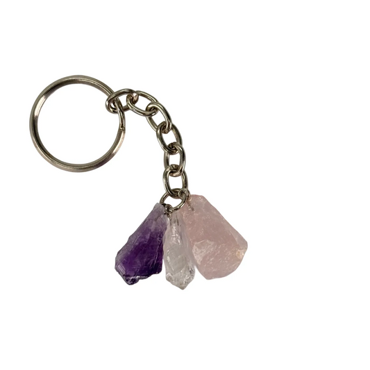 Edelsteen sleutelhanger gouden driehoek - amethist/bergkristal/rozenkwarts